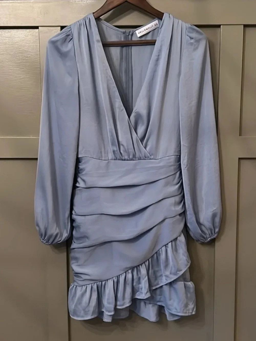 Hello Molly Love Drug Dress Blue Ruched Ruffle Hem Long Sleeve V-Neck Size XS